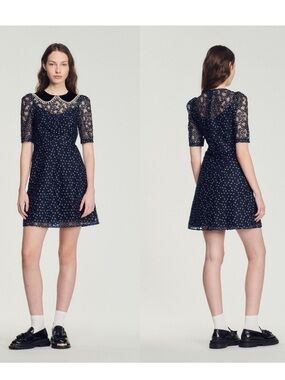 Sandro Lucianita Navy Lace Cocktail Dress with Peter Pan Collar